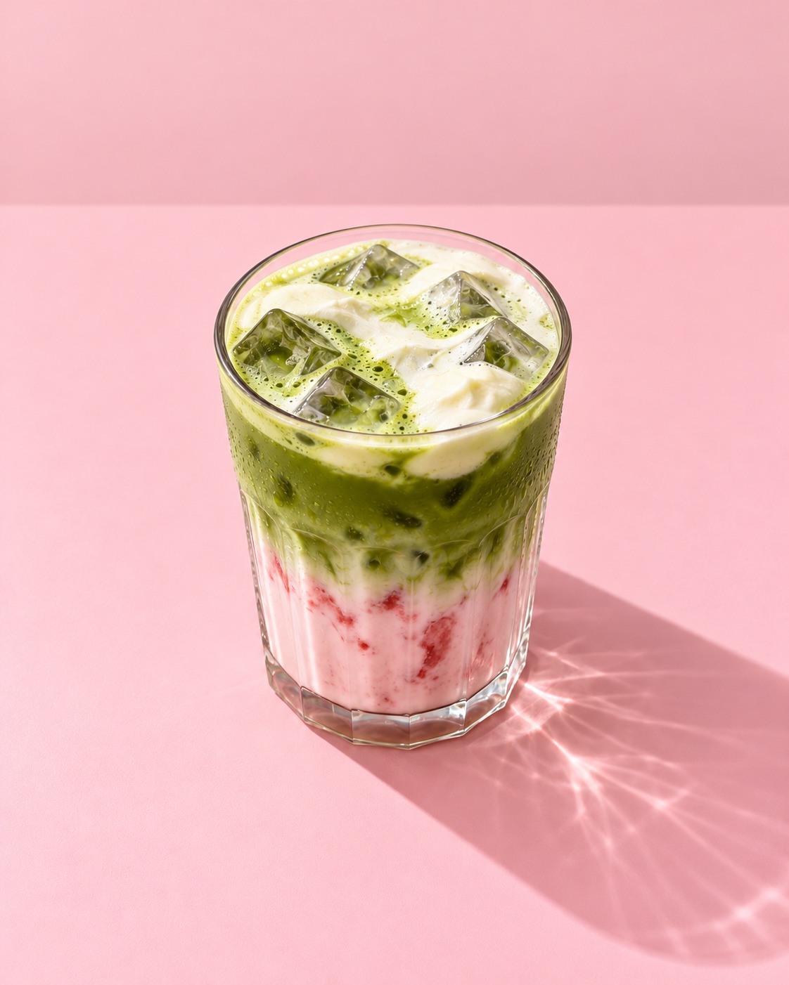 Strawberry matcha latte with a sweet cream cap