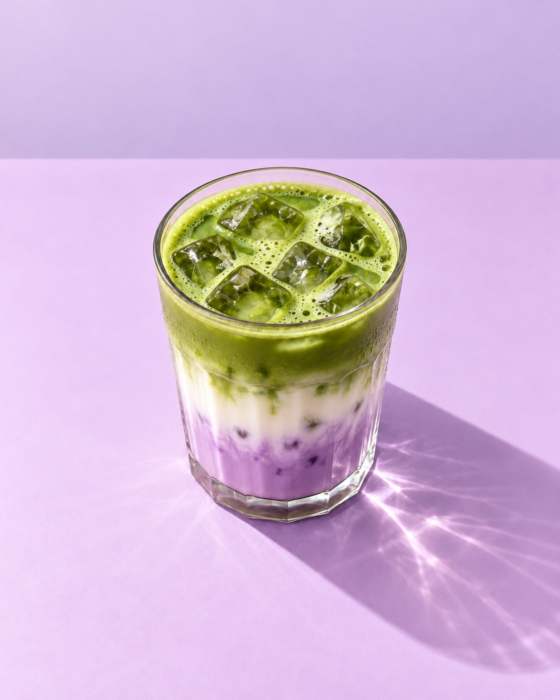 Iced ube coconut latte with matcha float