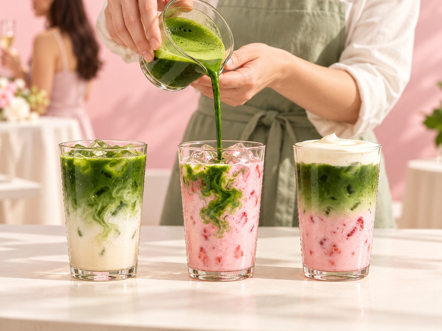 Barista pouring matcha into strawberry milk beside two prepared matcha drinks