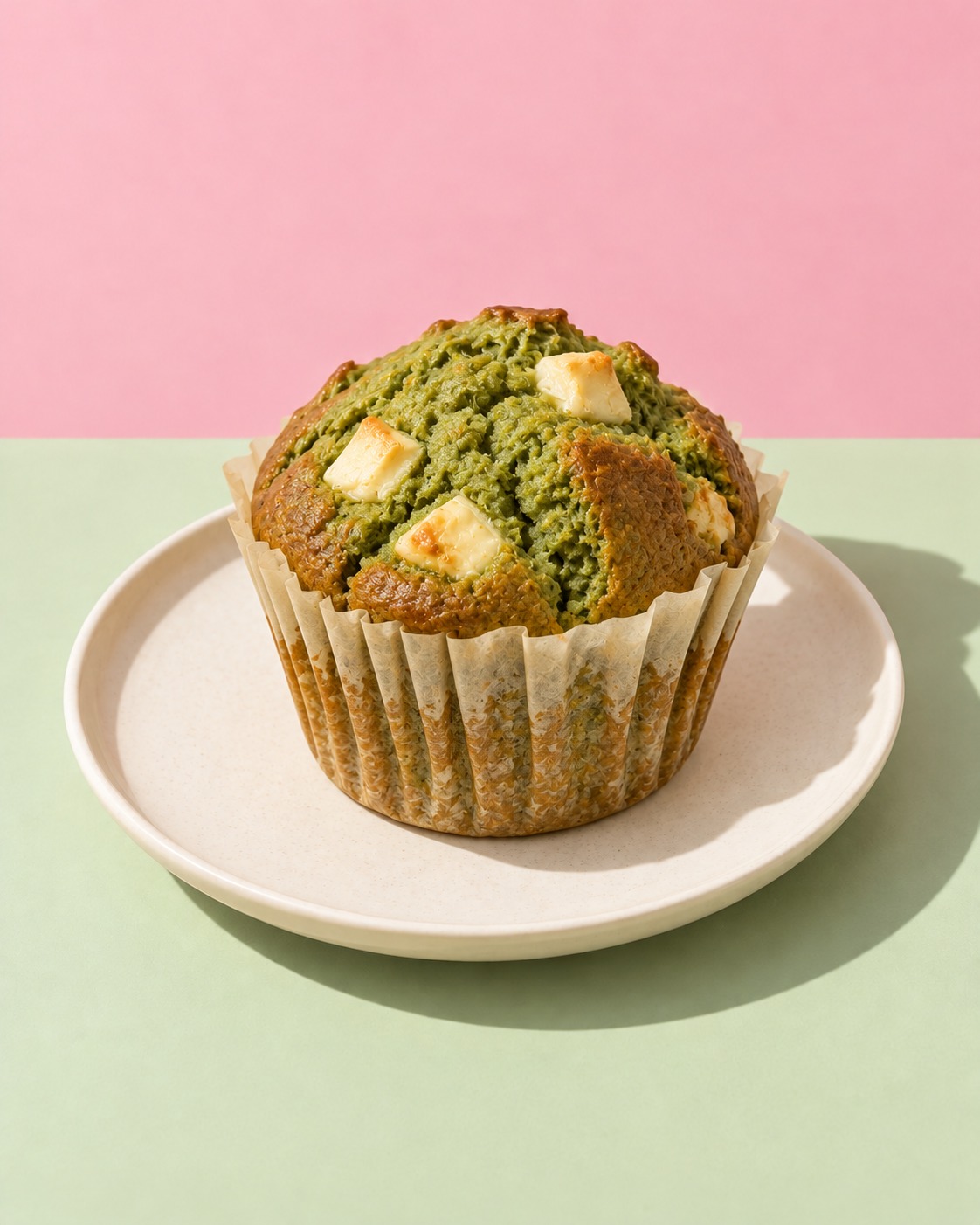 Matcha muffin with white chocolate on an ivory plate
