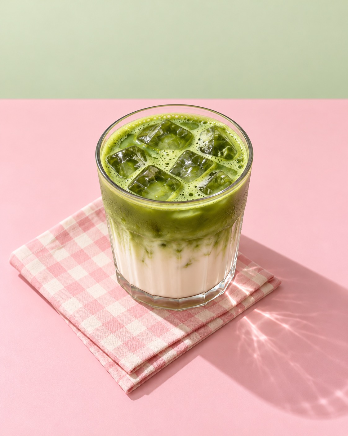Iced matcha latte on a pink gingham napkin