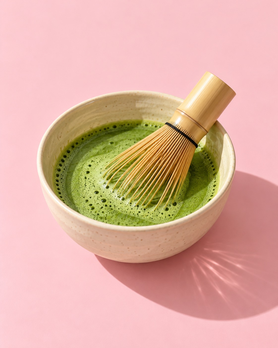 Ceramic matcha bowl with a bamboo whisk