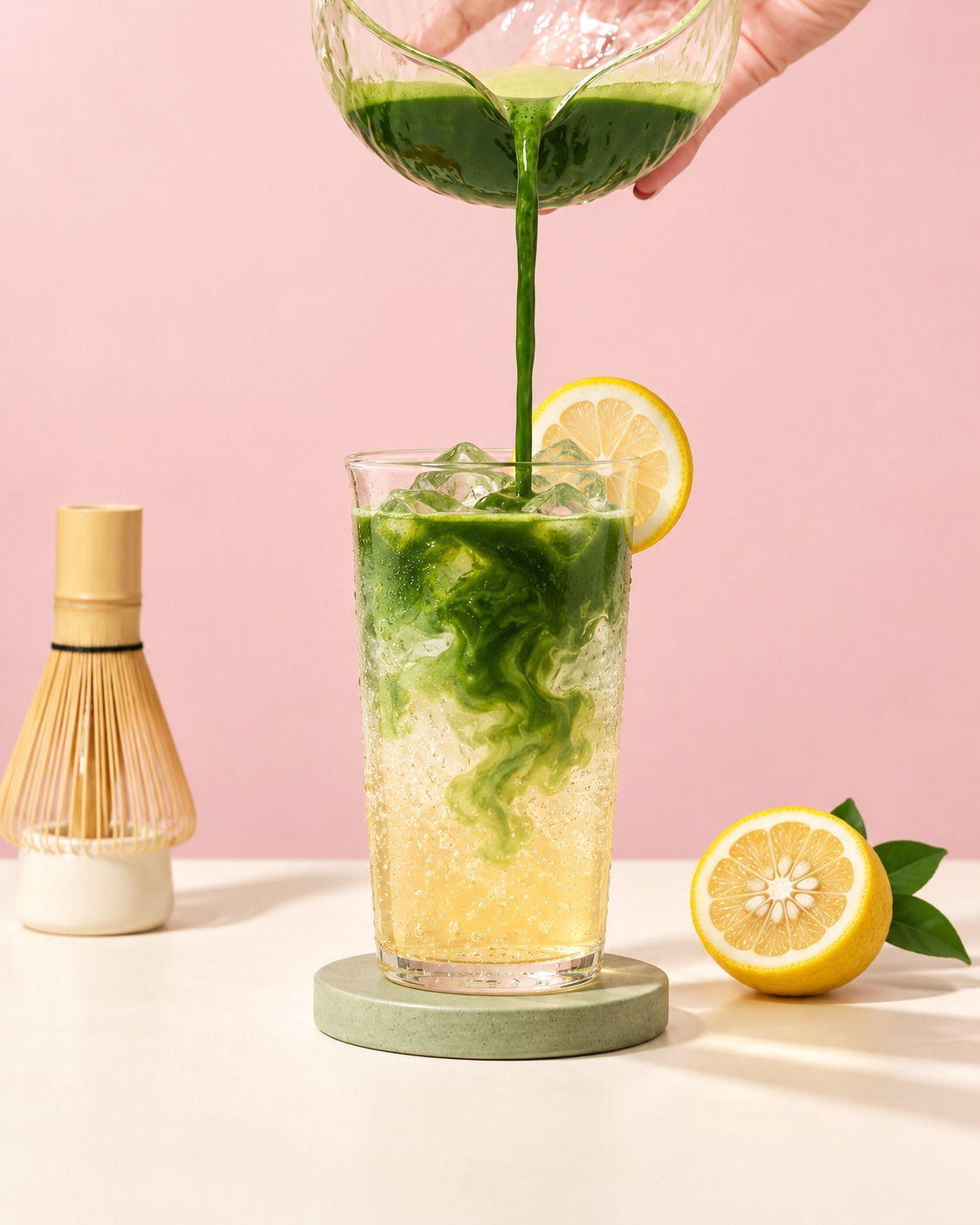 Matcha poured over sparkling yuzu and ice